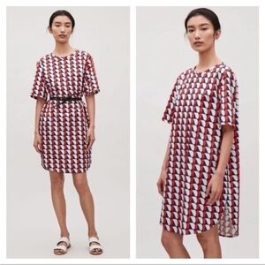 COS/ oversized Printed shift Dress geometric, red, white, and blue 2